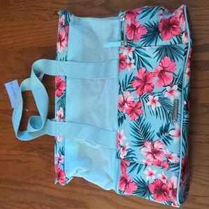 Beach Bag Teal and Pink Hawaiian Flowers tote with cooler compartment NWT